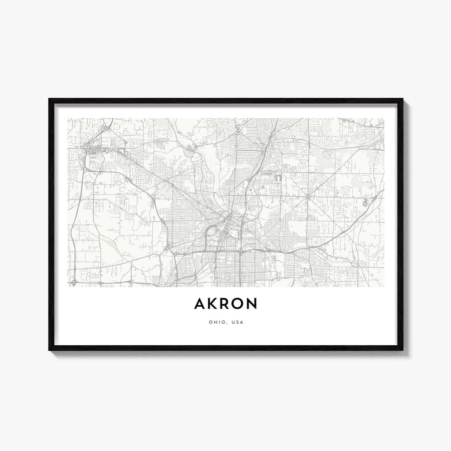 Akron black & white map poster of Ohio, USA – horizontal wall art, unframed print shown in interior mockup