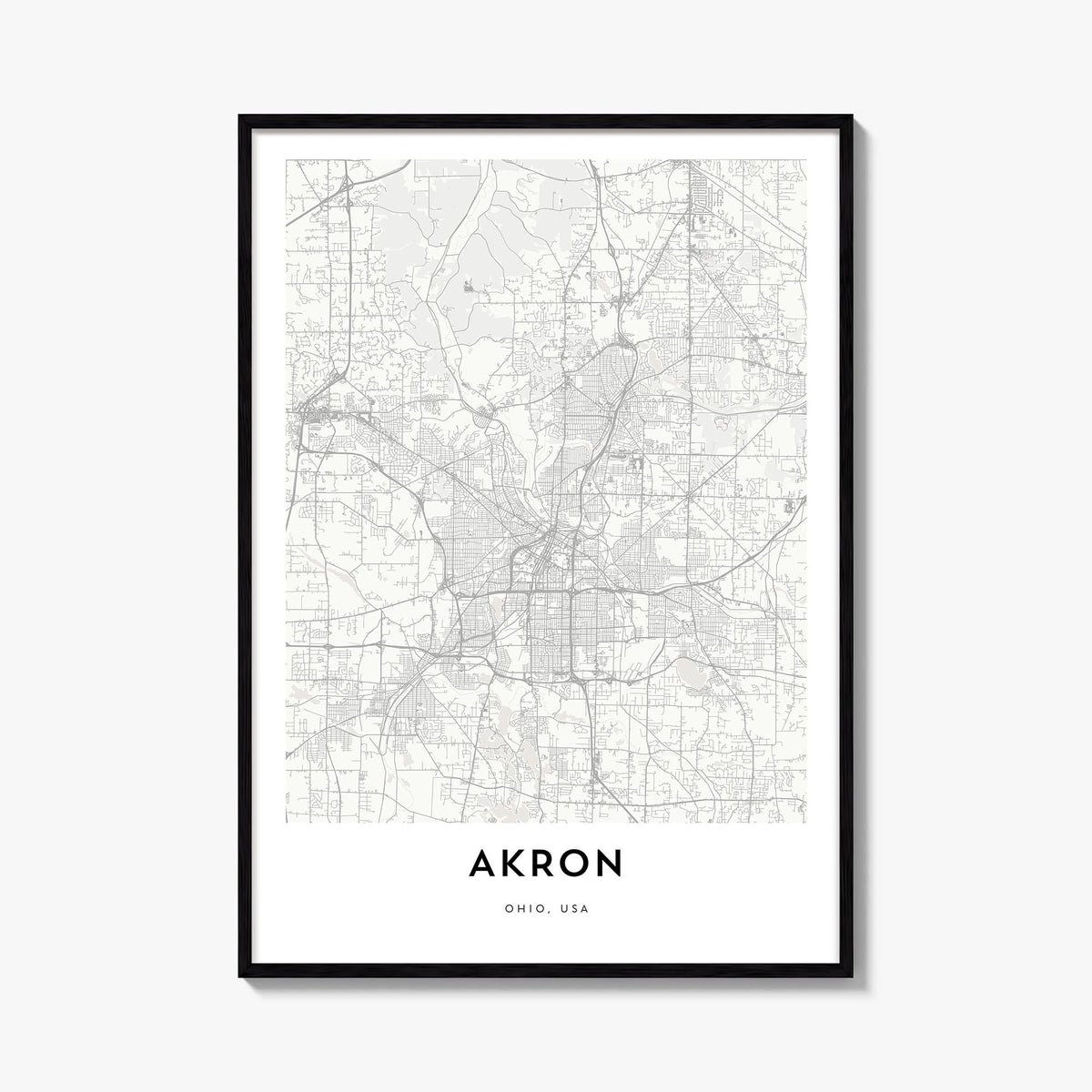 Akron black & white map poster of Ohio, USA – vertical wall art, unframed print shown in interior mockup