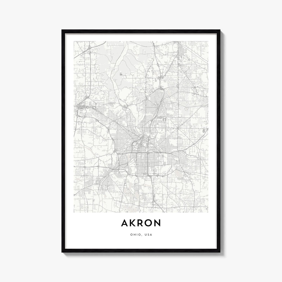 Akron black & white map poster of Ohio, USA – vertical wall art, unframed print shown in interior mockup