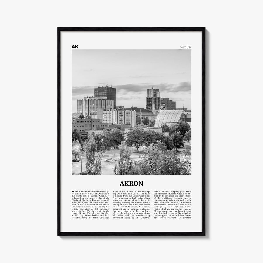 Akron black & white newspaper poster of Ohio, USA – vertical wall art, unframed print shown in interior mockup