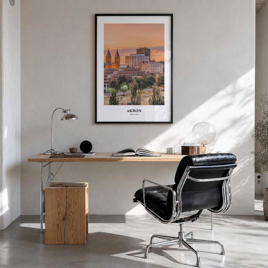 Akron colorful classic poster of Ohio, USA – vertical wall art in black wood frame, hanging on wall