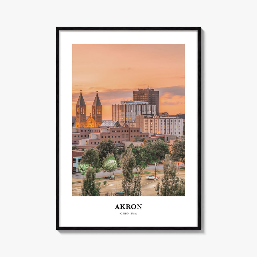 Akron colorful classic poster of Ohio, USA – vertical wall art, unframed print shown in interior mockup