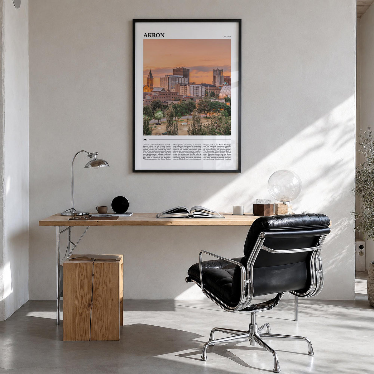 Akron colorful travel poster of Ohio, USA – vertical wall art in black wood frame, hanging on wall