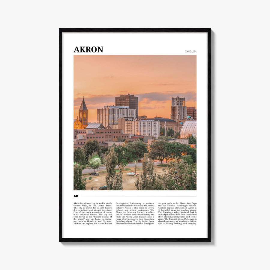 Akron colorful travel poster of Ohio, USA – vertical wall art, unframed print shown in interior mockup