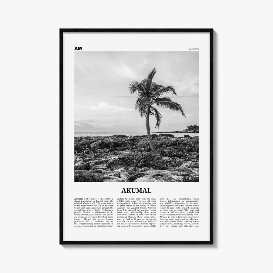 Akumal black & white newspaper poster of Mexico – vertical wall art, unframed print shown in interior mockup