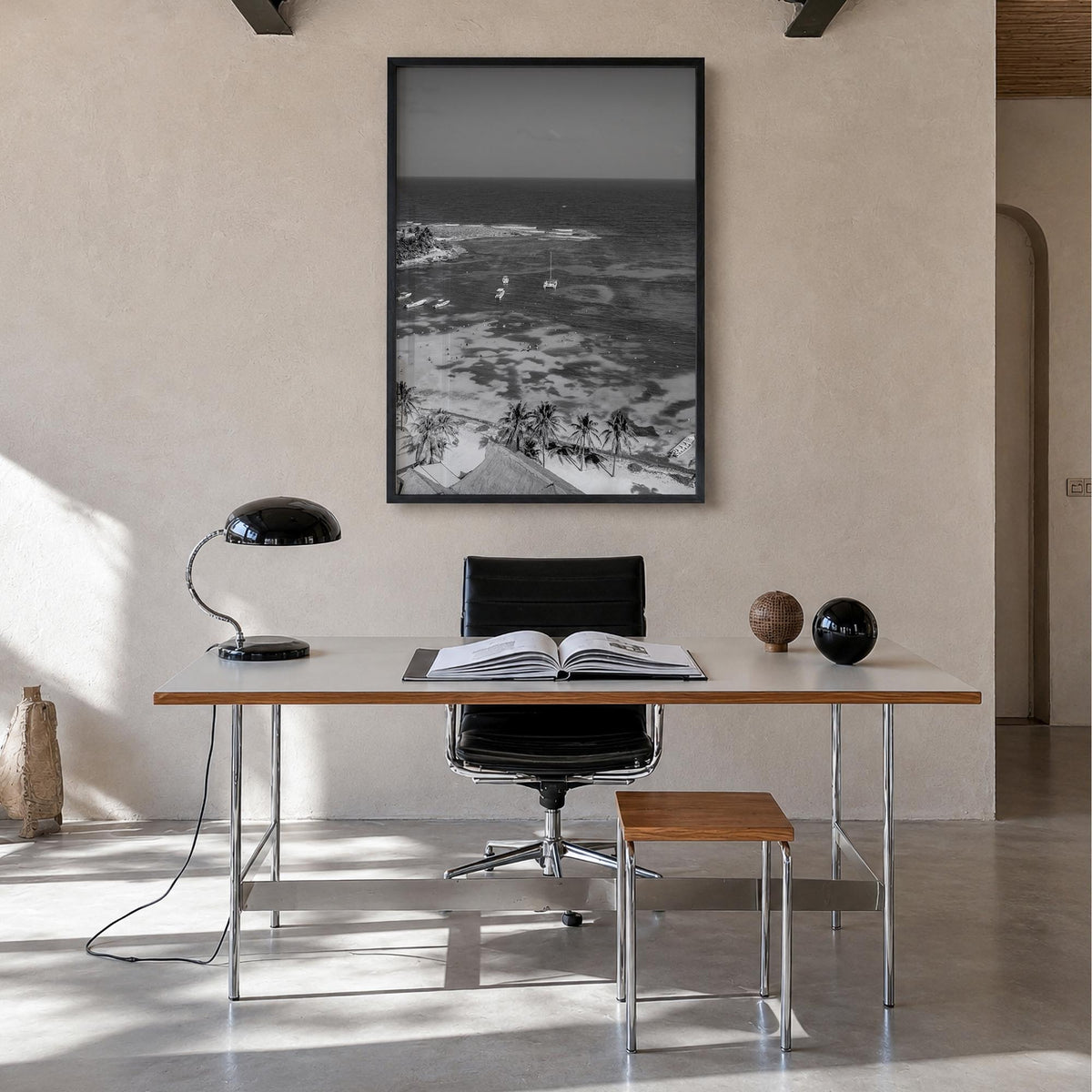 Akumal black & white photo poster of Mexico – vertical wall art in black wood frame, hanging on wall