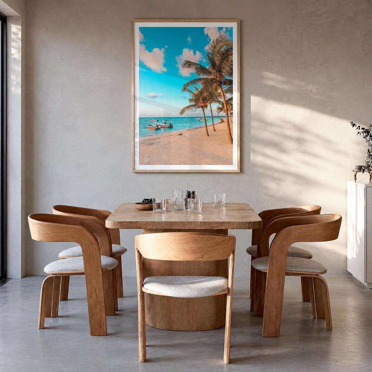 Akumal colorful photo poster of Mexico – vertical wall art in natural wood frame with white border, hanging on wall