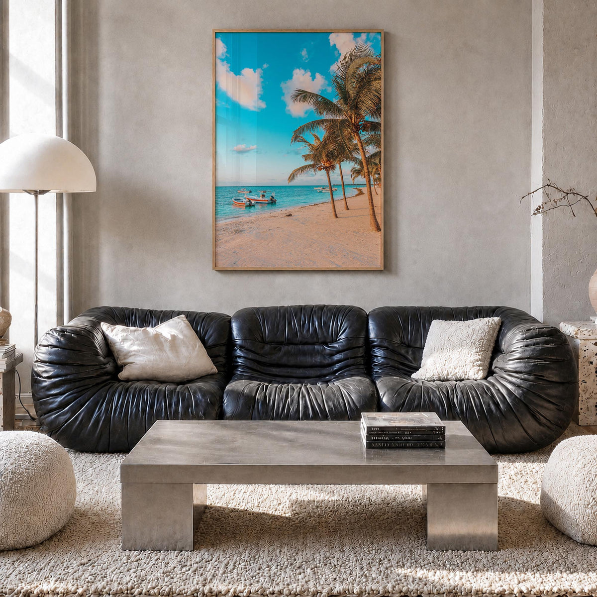 Akumal colorful photo poster of Mexico – vertical wall art in natural wood frame, hanging on wall