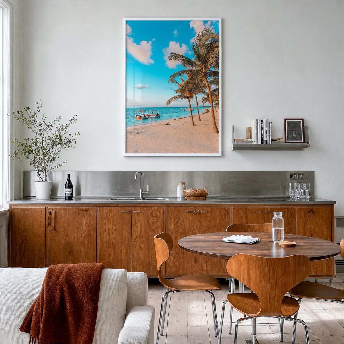 Akumal colorful photo poster of Mexico – vertical wall art in white wood frame, hanging on wall