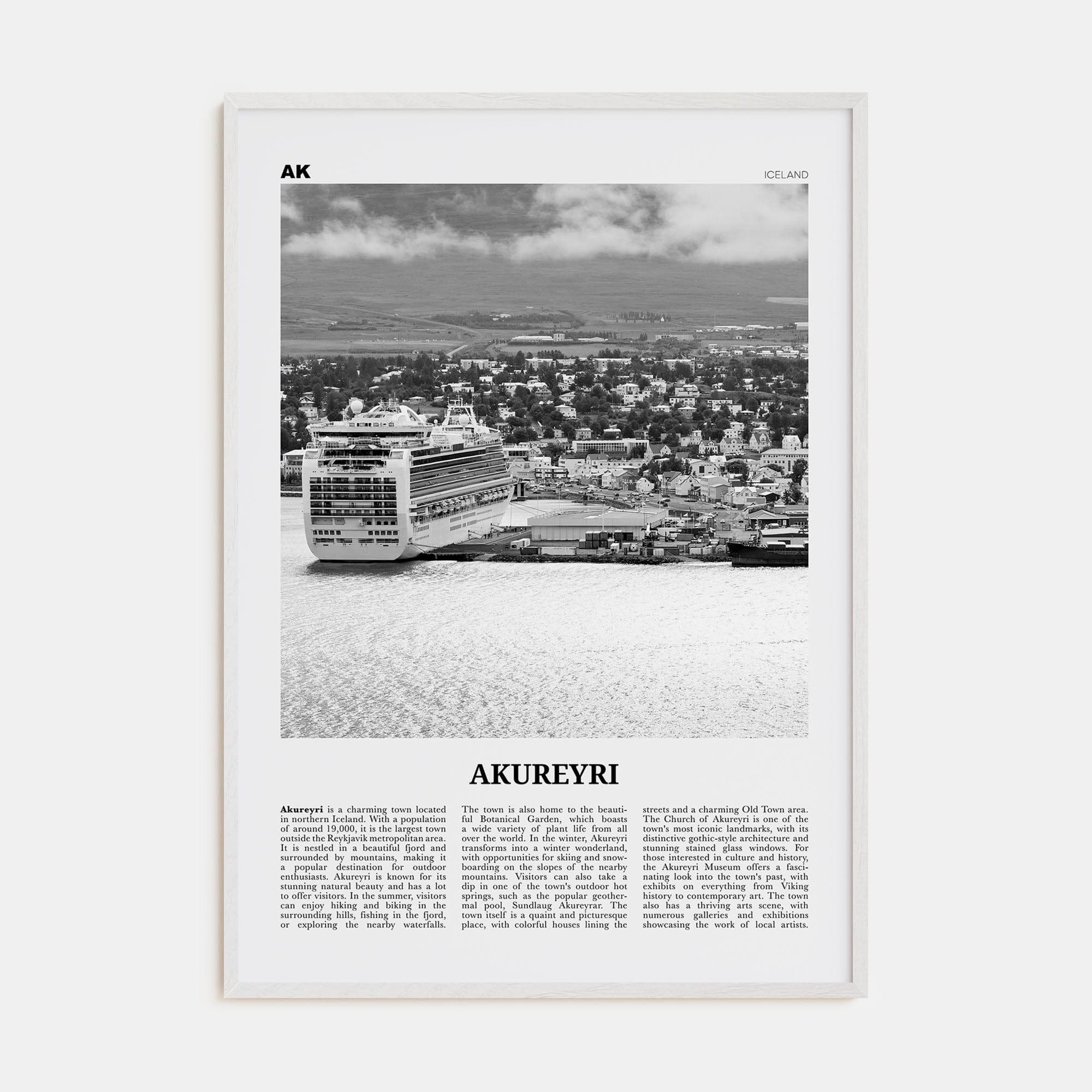 Akureyri Poster White Wood / 8x12 in Nbourhood Travel B&W Poster