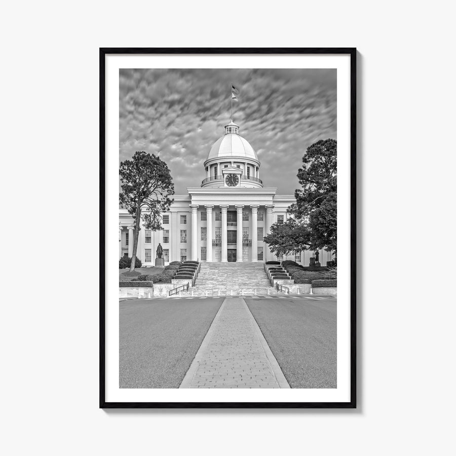 Alabama black & white photo poster of United States – vertical wall art, unframed print shown in interior mockup