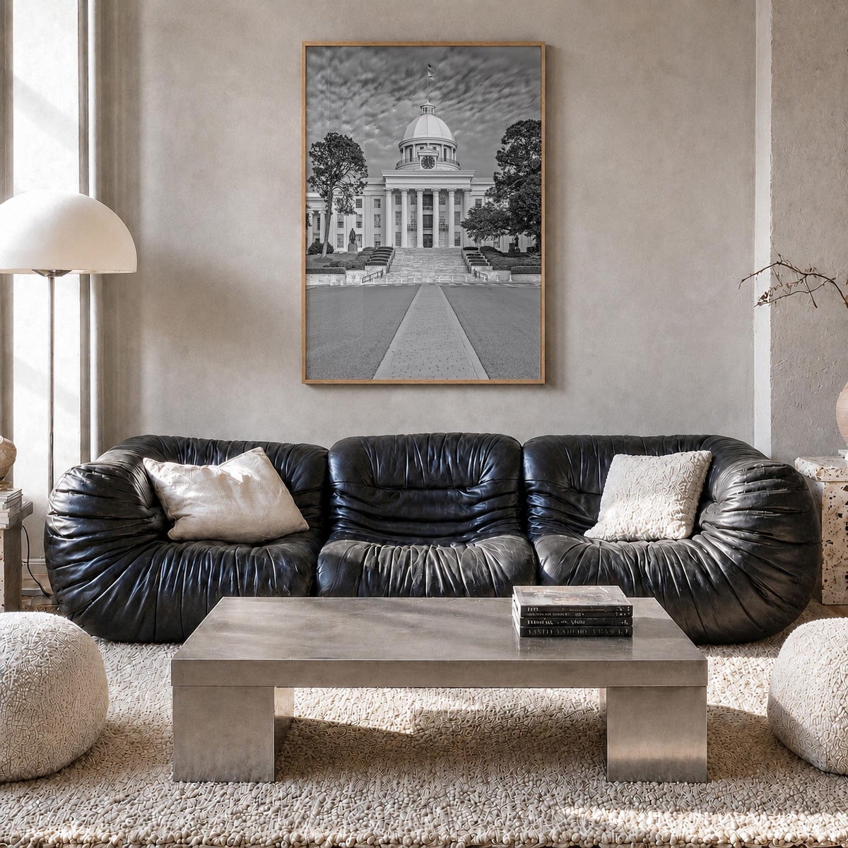 Alabama black & white photo poster of United States – vertical wall art in natural wood frame, hanging on wall