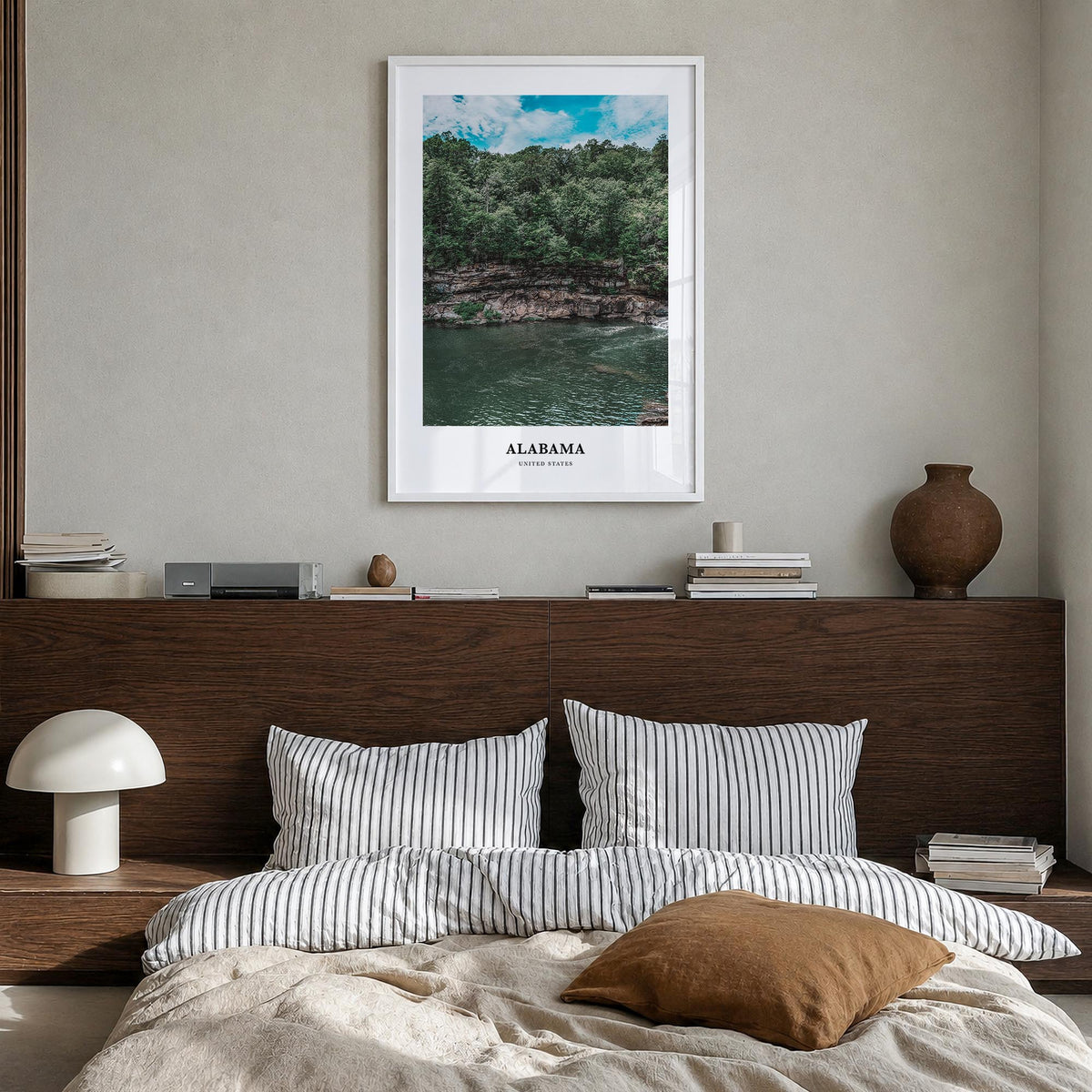 Alabama colorful classic poster of United States – vertical wall art in white wood frame, hanging on wall