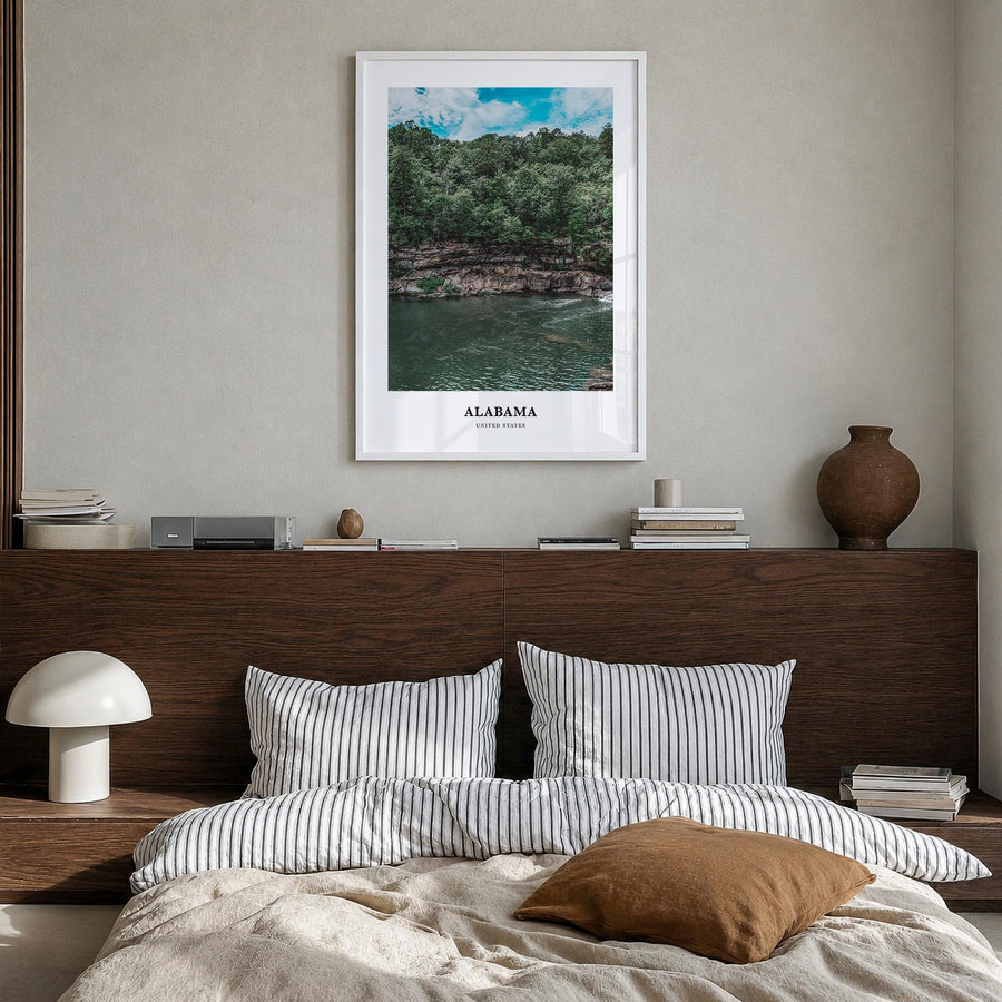 Alabama colorful classic poster of United States – vertical wall art in white wood frame, hanging on wall