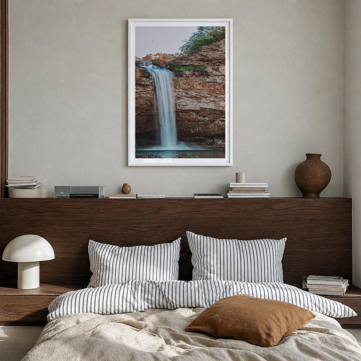 Alabama colorful photo poster of United States – vertical wall art in white wood frame with white border, hanging on wall