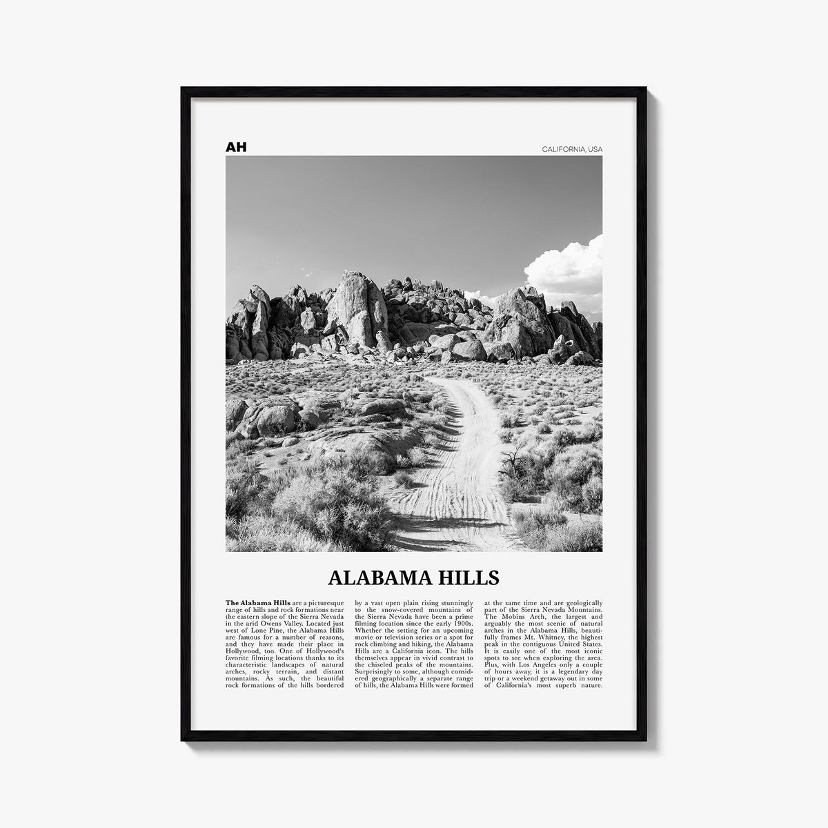 Alabama Hills black & white newspaper poster of California, USA – vertical wall art, unframed print shown in interior mockup