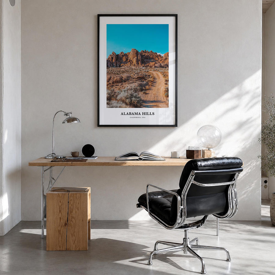 Alabama Hills colorful classic poster of California, USA – vertical wall art in black wood frame, hanging on wall
