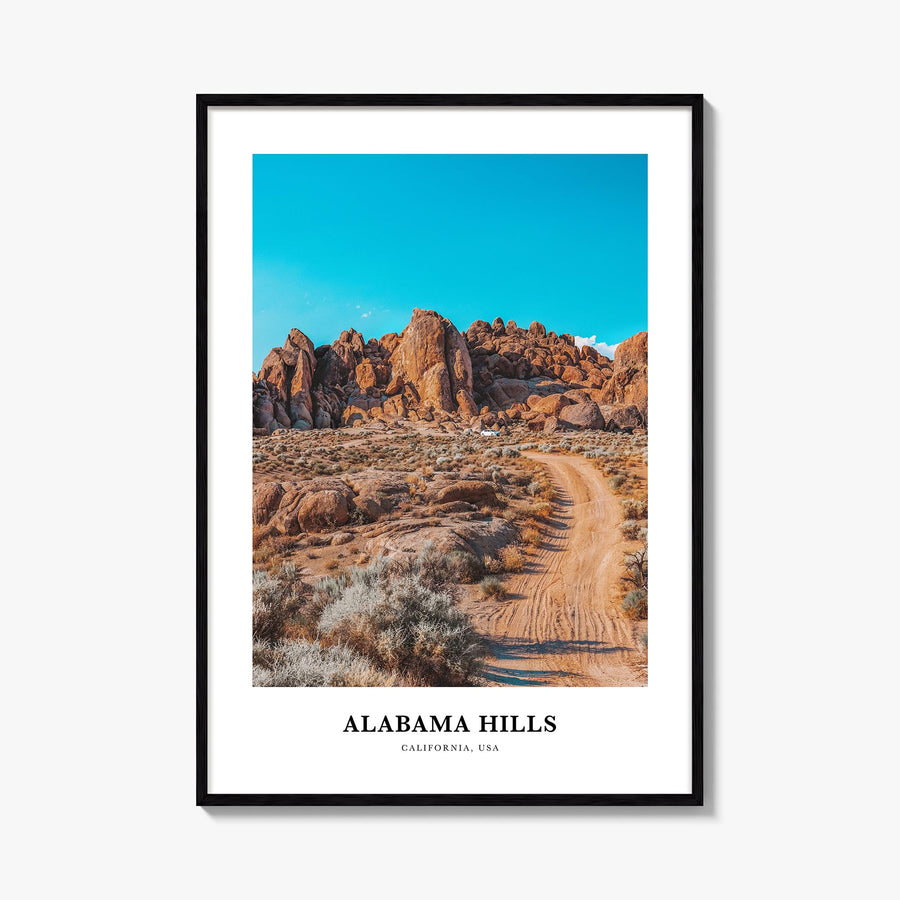 Alabama Hills colorful classic poster of California, USA – vertical wall art, unframed print shown in interior mockup