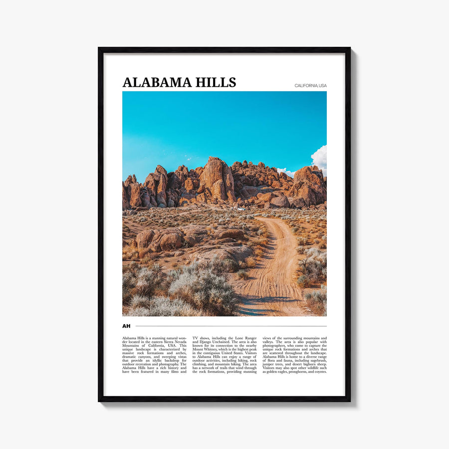 Alabama Hills colorful travel poster of California, USA – vertical wall art, unframed print shown in interior mockup