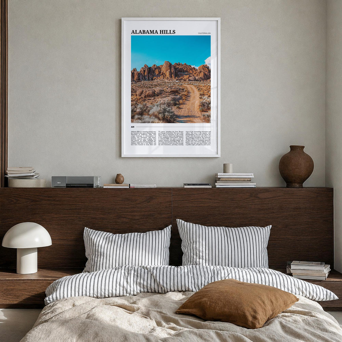 Alabama Hills colorful travel poster of California, USA – vertical wall art in white wood frame, hanging on wall