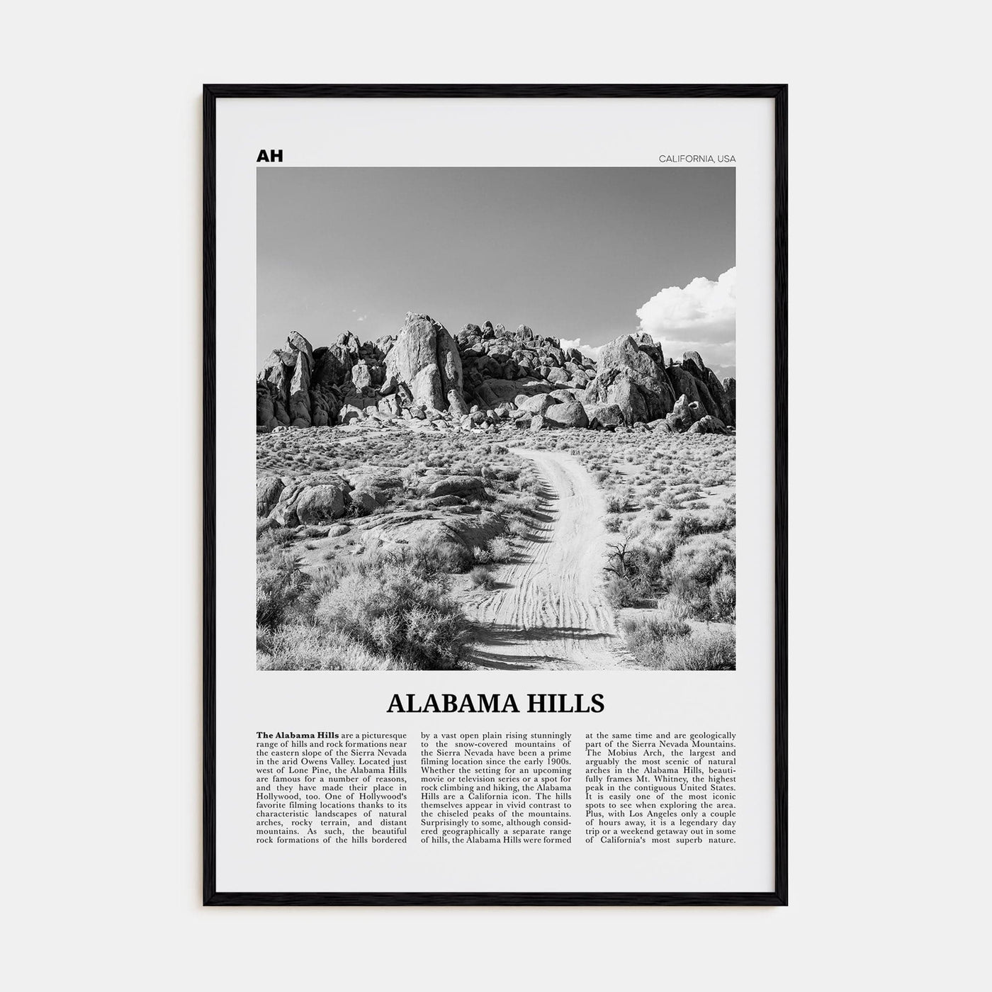 Alabama Hills Poster Black Wood / 8x12 in Nbourhood Travel B&W Poster