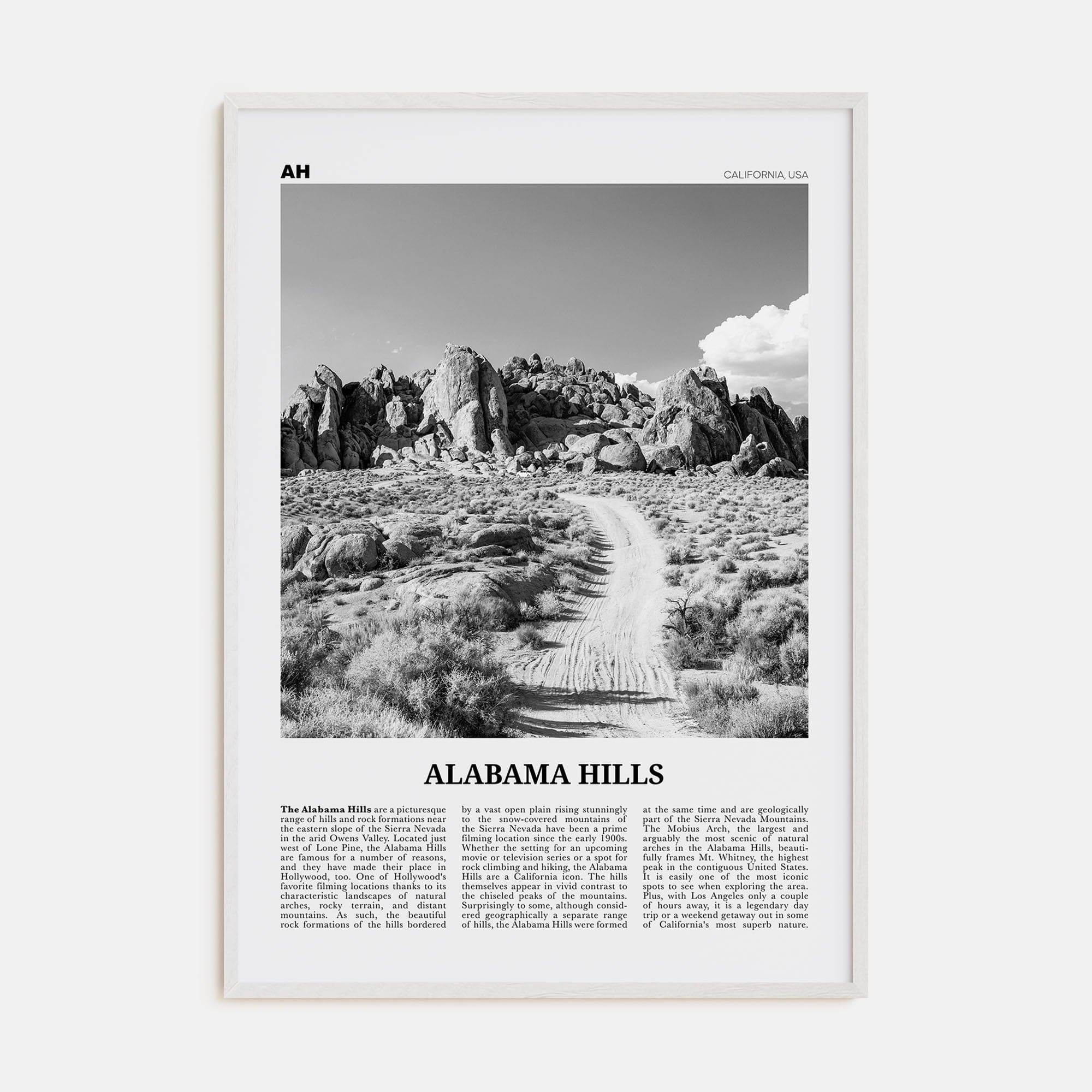 Alabama Hills Poster White Wood / 8x12 in Nbourhood Travel B&W Poster