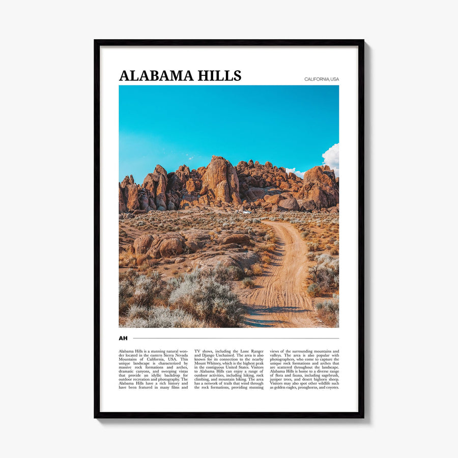 Alabama Hills, California Travel Poster, framed poster mockup