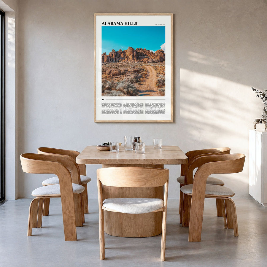 Alabama Hills, California Travel Poster in a natural wood frame, hanging in a dining room