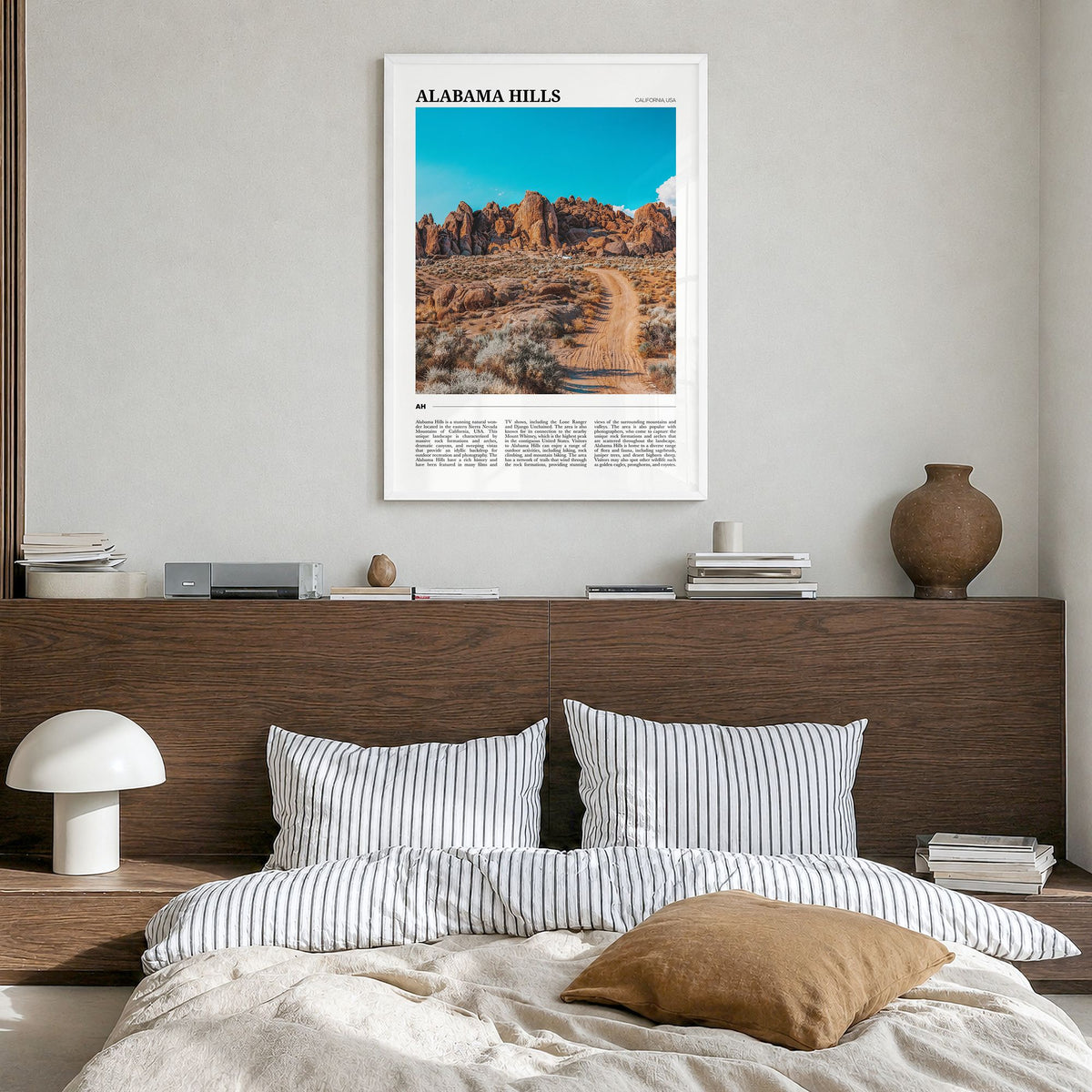Alabama Hills, California Travel Poster in a white wood frame, hanging in a bedroom