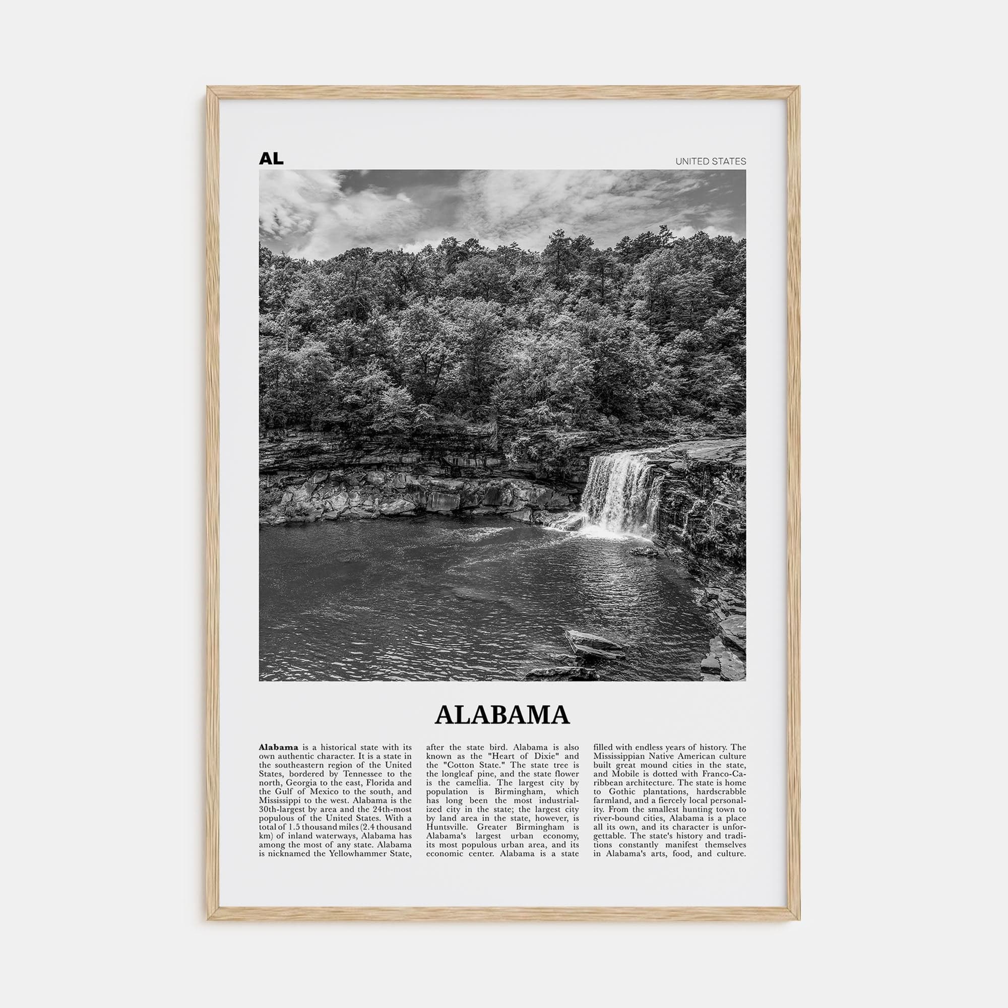 Alabama No 1 Poster Natural Wood / 8x12 in Nbourhood Travel B&W Poster