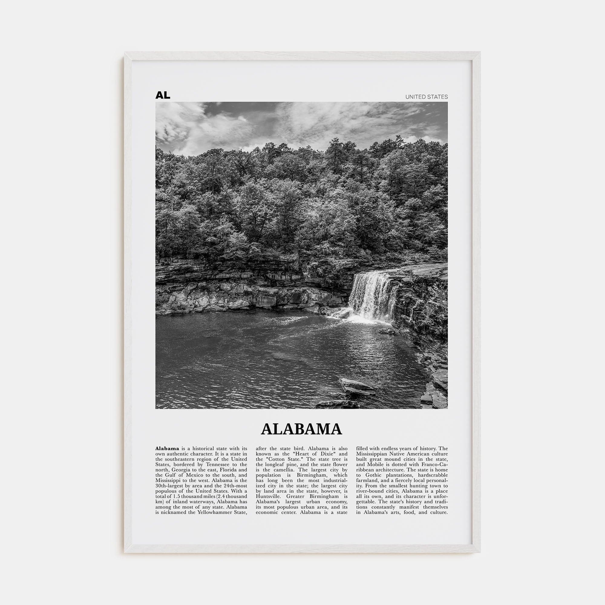 Alabama No 1 Poster White Wood / 8x12 in Nbourhood Travel B&W Poster