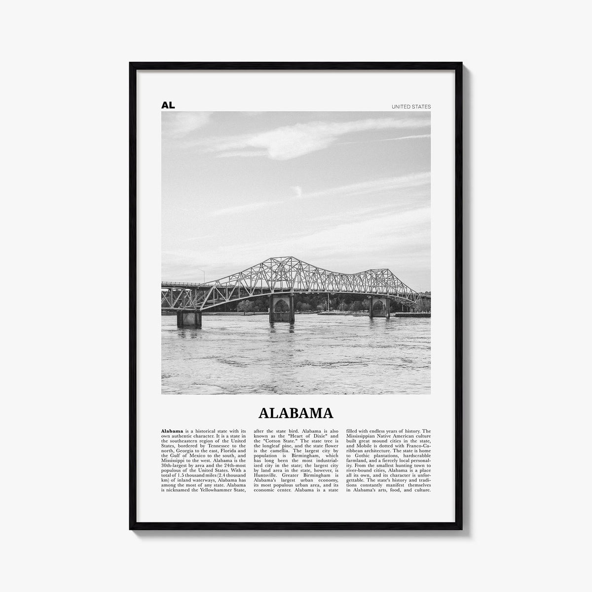 Alabama no. 2 black & white newspaper poster of United States – vertical wall art, unframed print shown in interior mockup