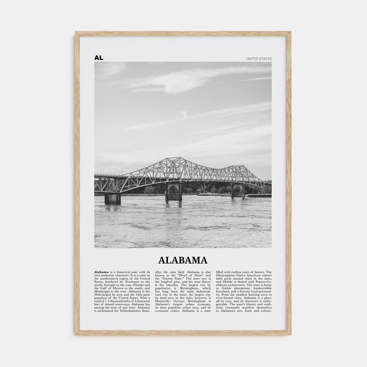 Alabama No 2 Poster Natural Wood / 8x12 in Nbourhood Travel B&W Poster