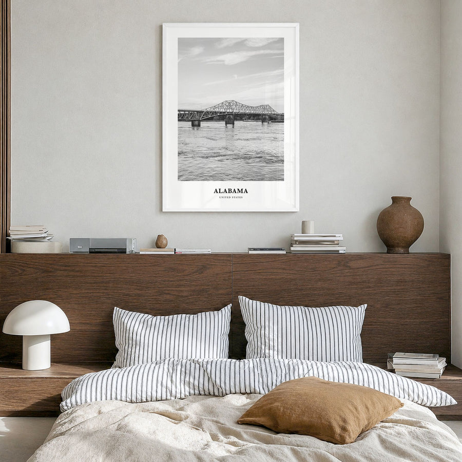 Alabama Classic Poster in a white wood frame, hanging in a bedroom