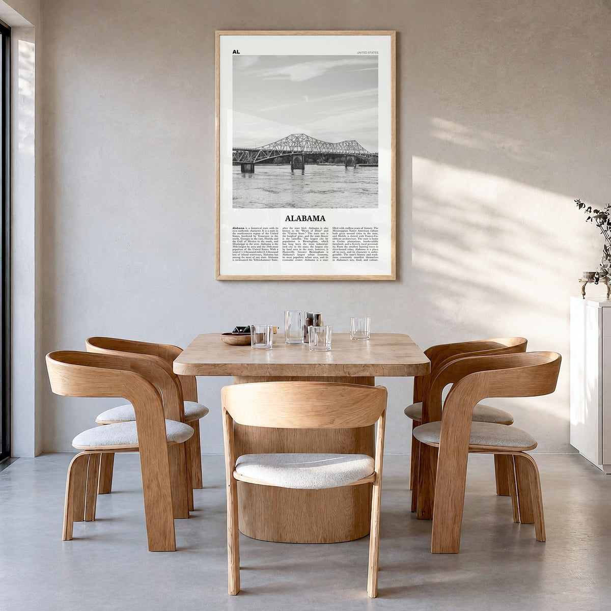 Alabama Newspaper No 2 Poster in a natural wood frame, hanging in a dining room