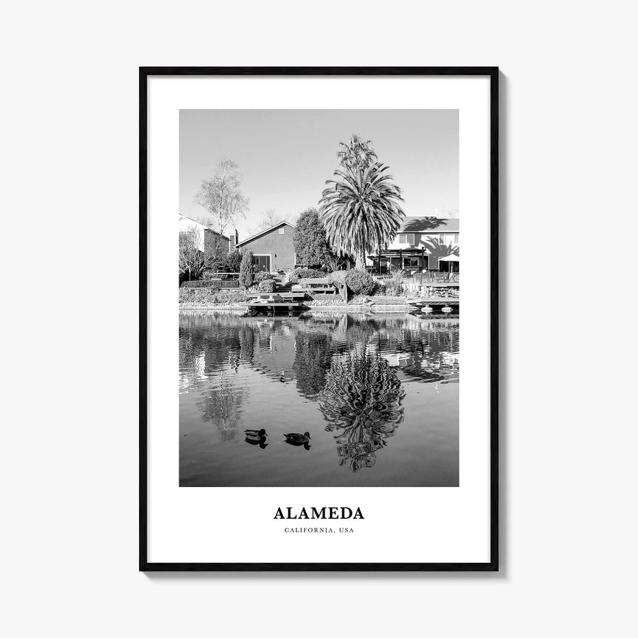 Alameda black & white classic poster of California, USA – vertical wall art, unframed print shown in interior mockup
