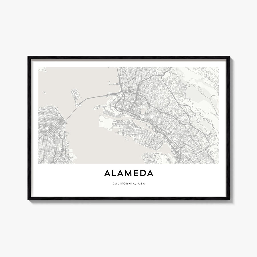 Alameda black & white map poster of California, USA – horizontal wall art, unframed print shown in interior mockup
