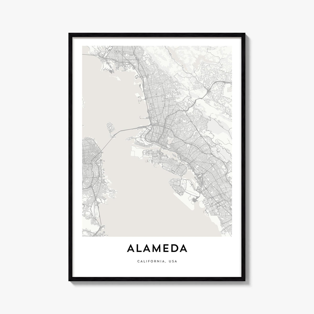 Alameda black & white map poster of California, USA – vertical wall art, unframed print shown in interior mockup