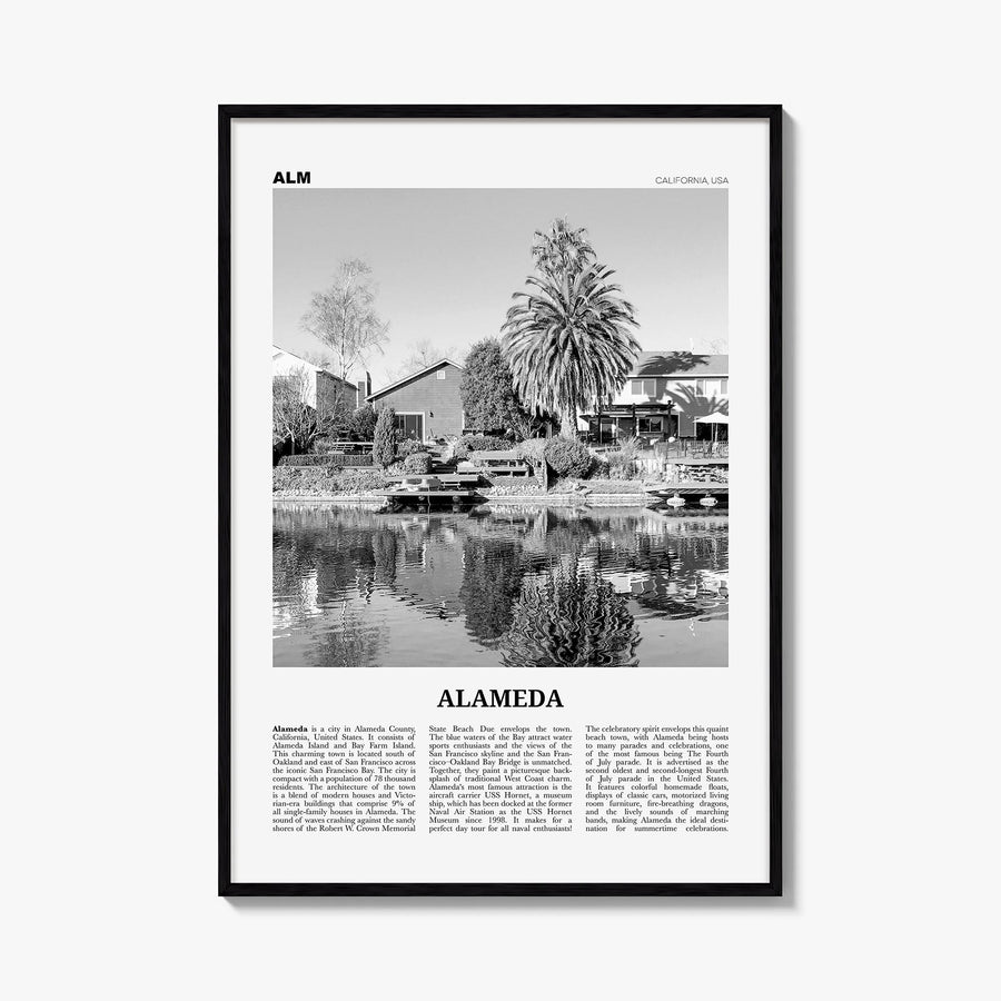 Alameda black & white newspaper poster of California, USA – vertical wall art, unframed print shown in interior mockup