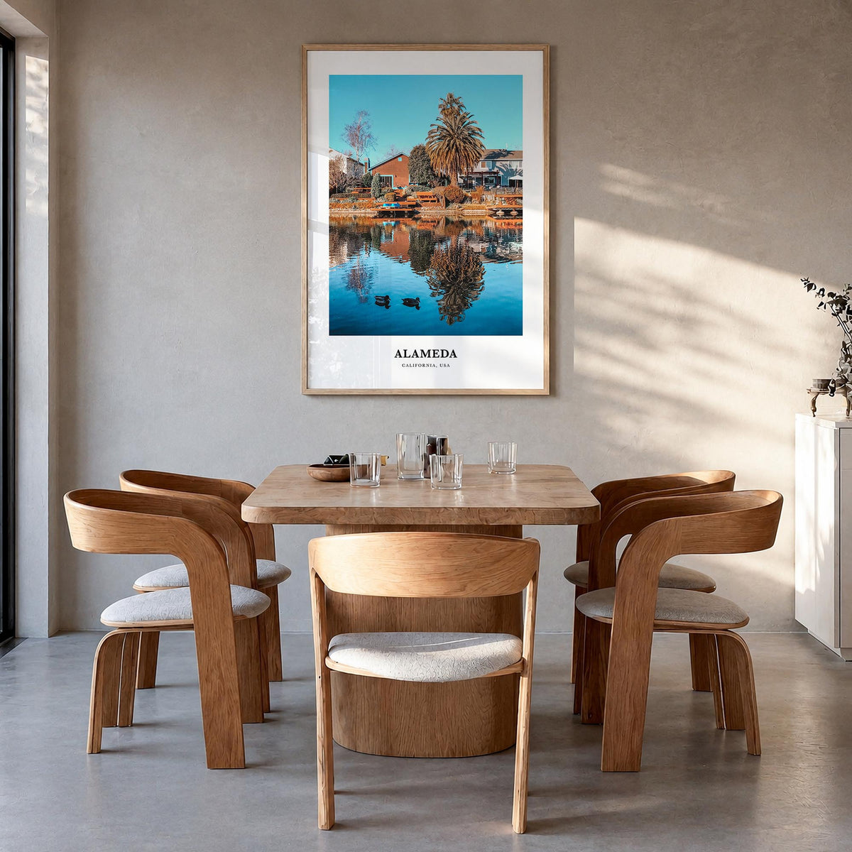 Alameda colorful classic poster of California, USA – vertical wall art in natural wood frame, hanging on wall