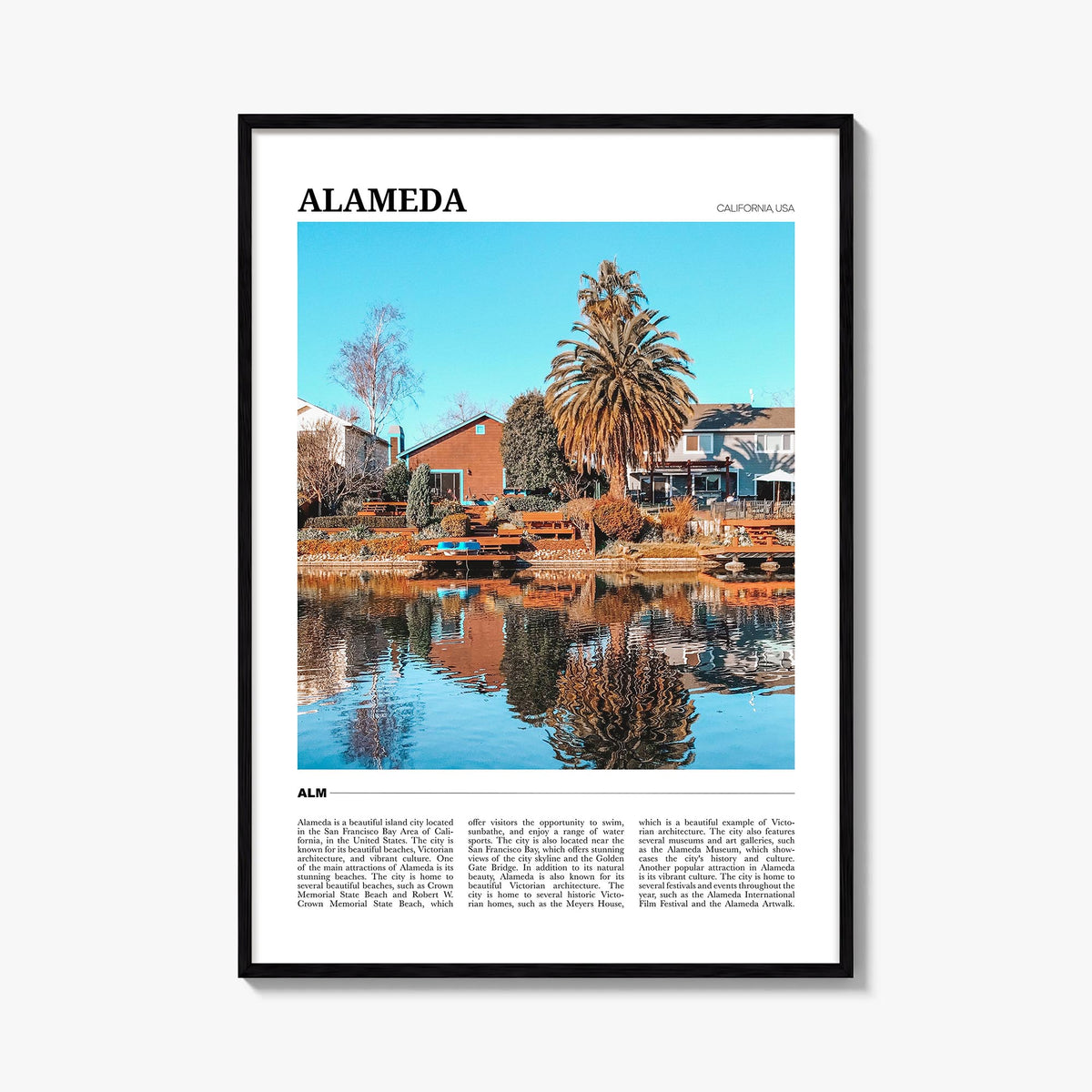 Alameda colorful travel poster of California, USA – vertical wall art, unframed print shown in interior mockup