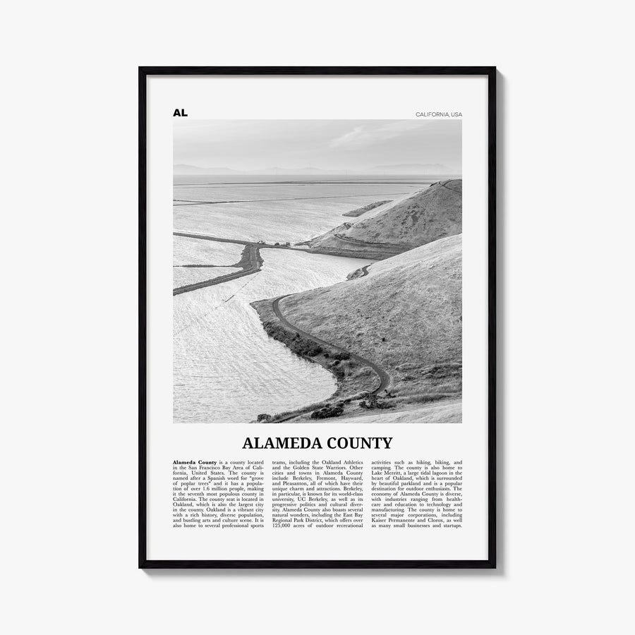 Alameda County black & white newspaper poster of California, USA – vertical wall art, unframed print shown in interior mockup