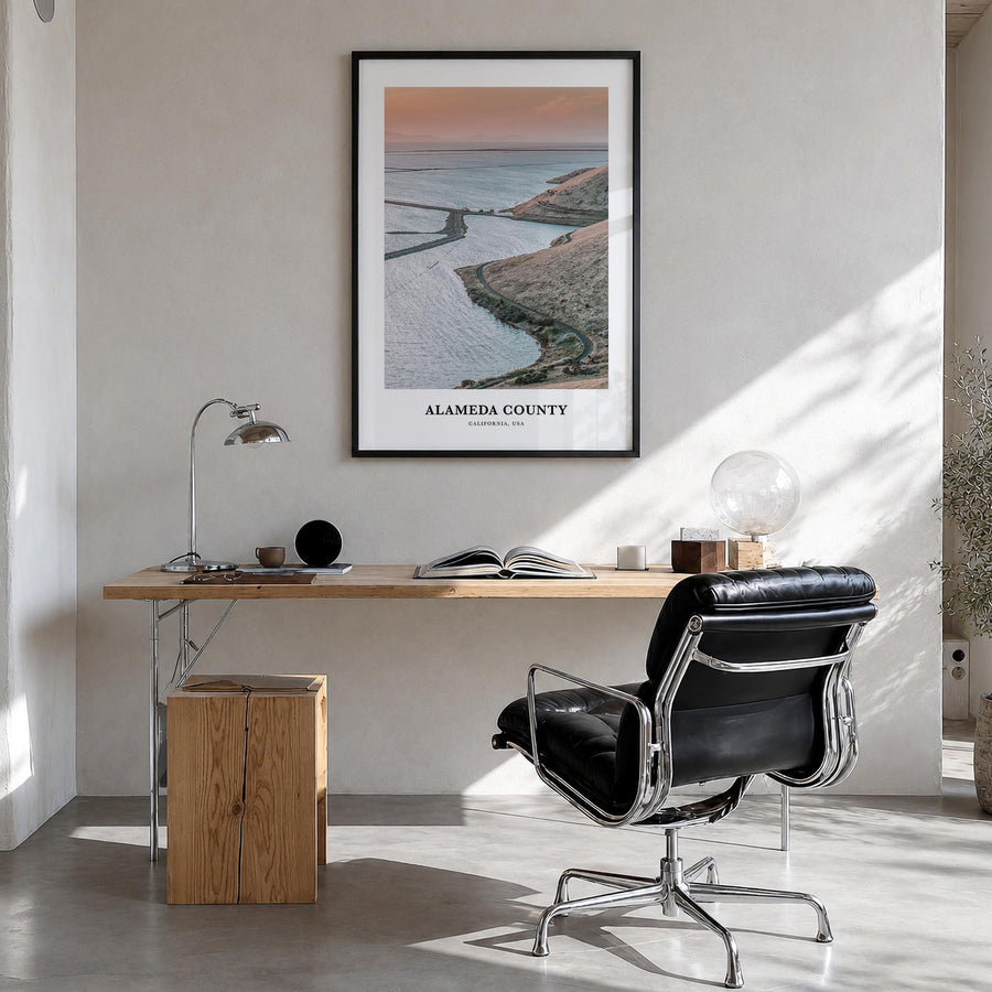Alameda County colorful classic poster of California, USA – vertical wall art in black wood frame, hanging on wall
