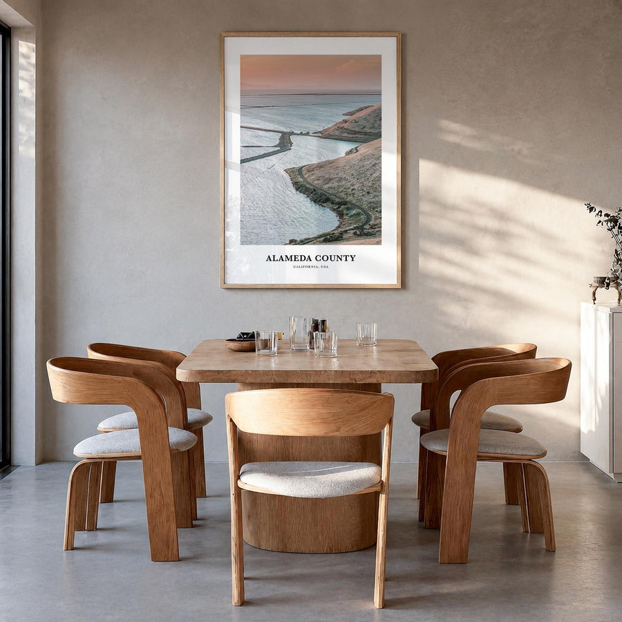 Alameda County colorful classic poster of California, USA – vertical wall art in natural wood frame, hanging on wall