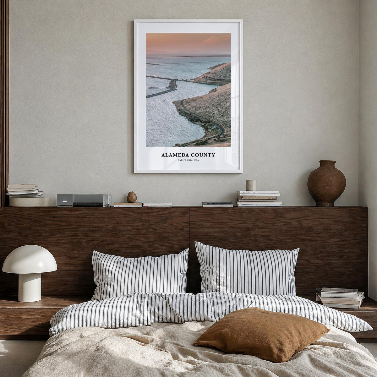 Alameda County colorful classic poster of California, USA – vertical wall art in white wood frame, hanging on wall