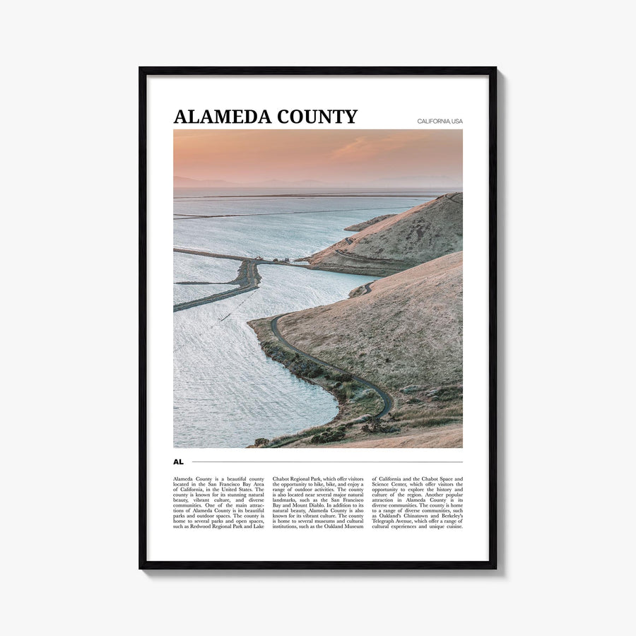Alameda County colorful travel poster of California, USA – vertical wall art, unframed print shown in interior mockup