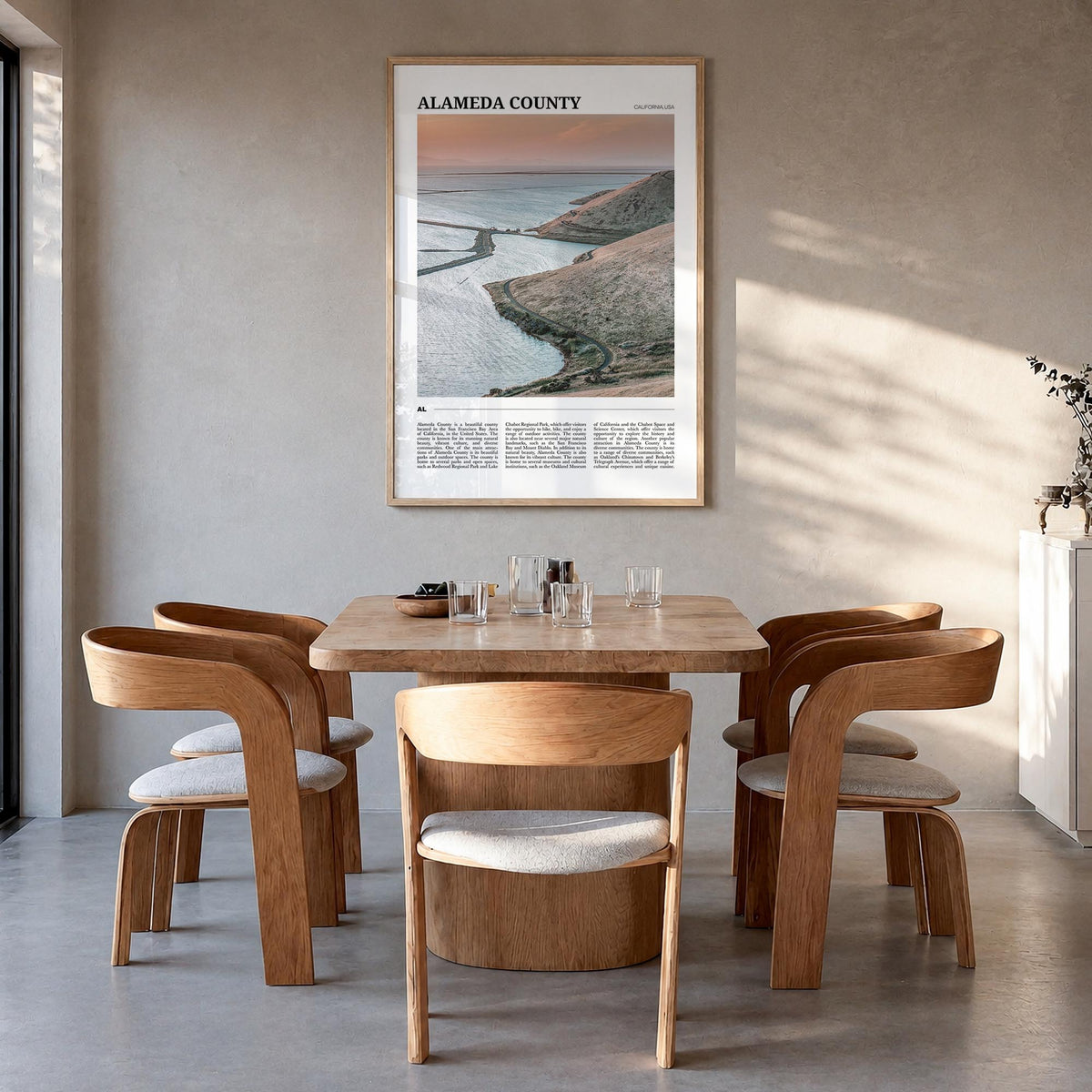 Alameda County colorful travel poster of California, USA – vertical wall art in natural wood frame, hanging on wall