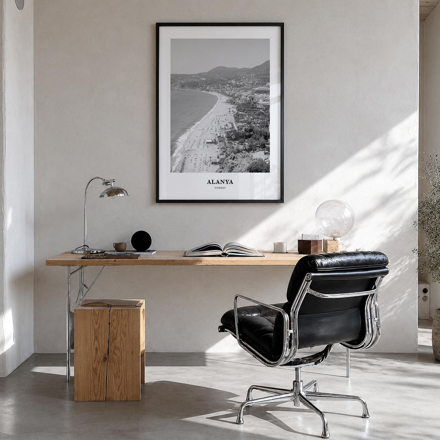 Alanya black & white classic poster of Türkiye – vertical wall art in black wood frame, hanging on wall