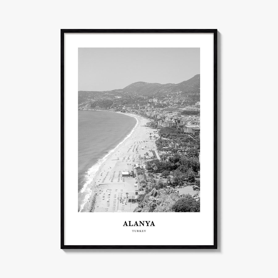 Alanya black & white classic poster of Türkiye – vertical wall art, unframed print shown in interior mockup