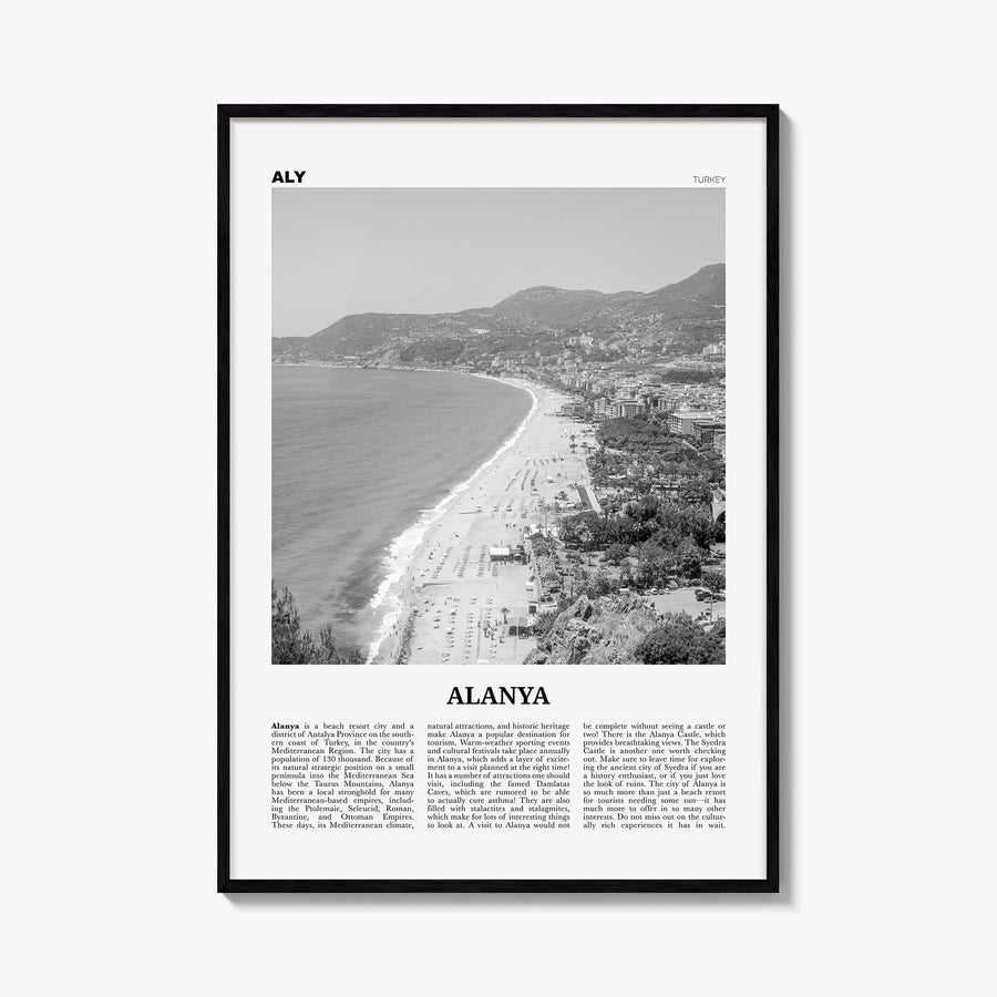 Alanya black & white newspaper poster of Türkiye – vertical wall art, unframed print shown in interior mockup